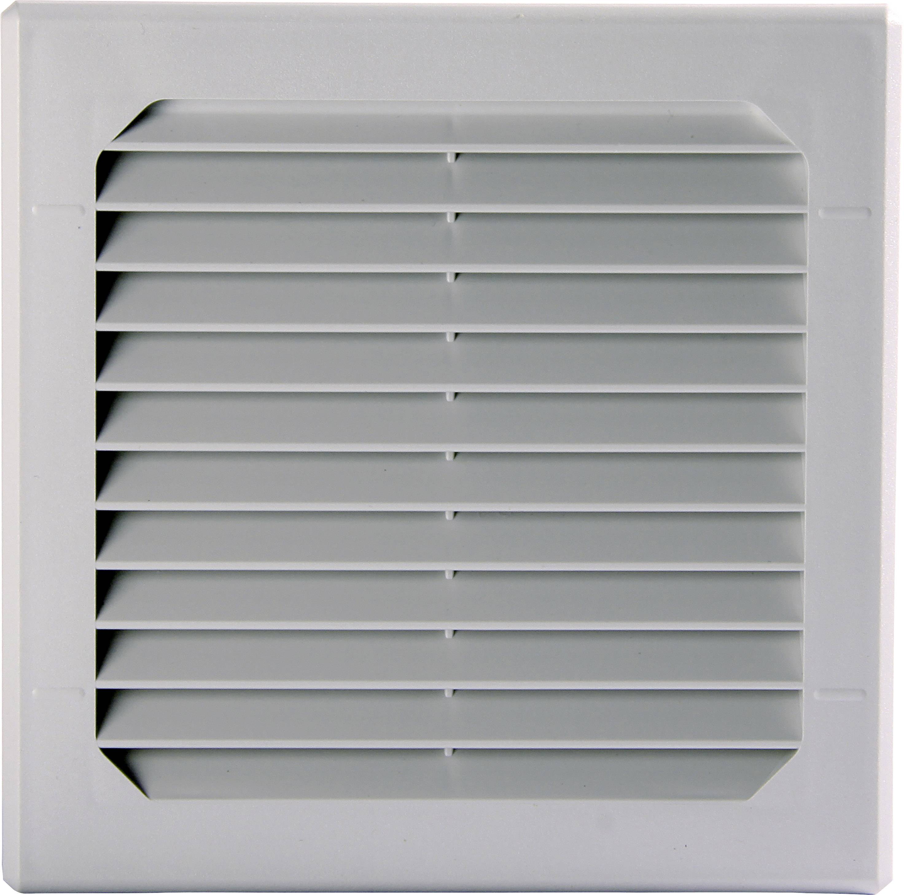 Grey, square ventilation grille with horizontal louvres, mounted on a flat surface for air circulation.