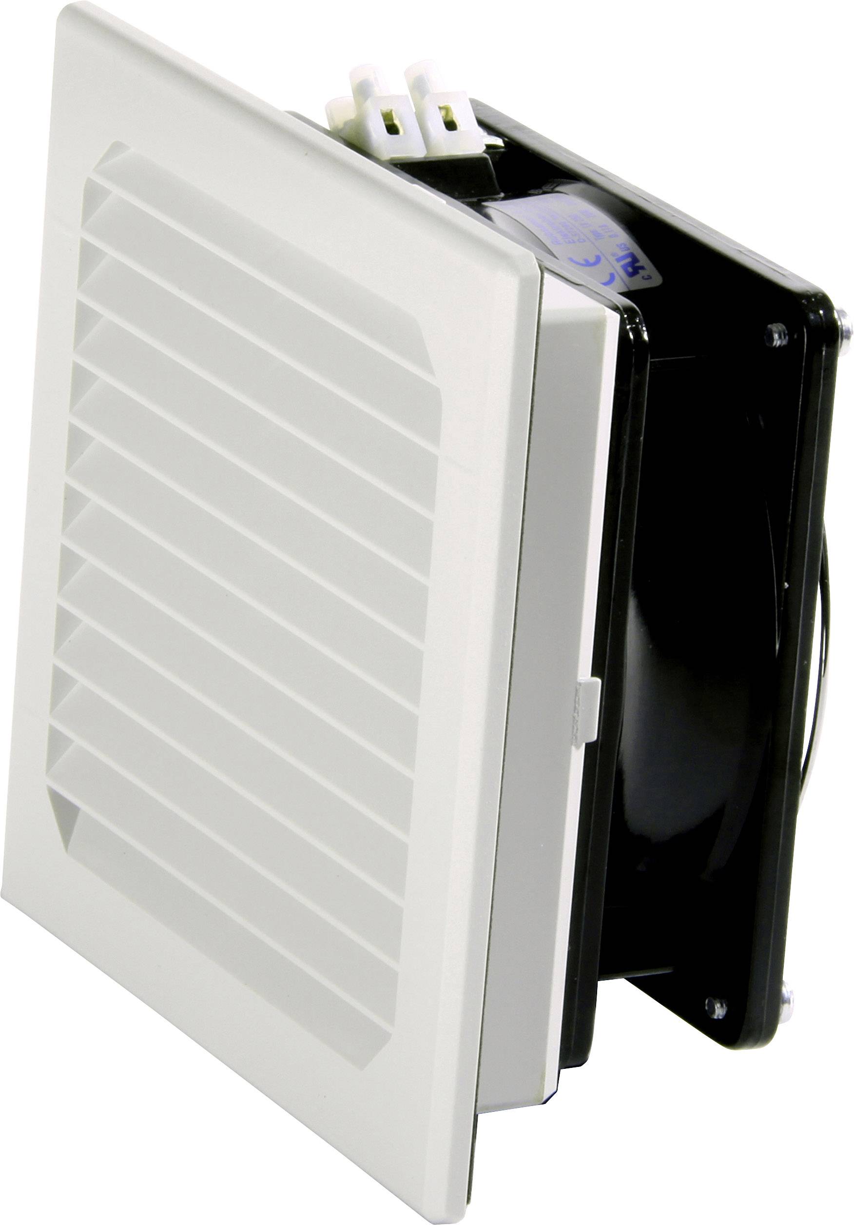 A rectangular white ventilation outlet with a black housing behind it. Three white connection terminals are located at the top.