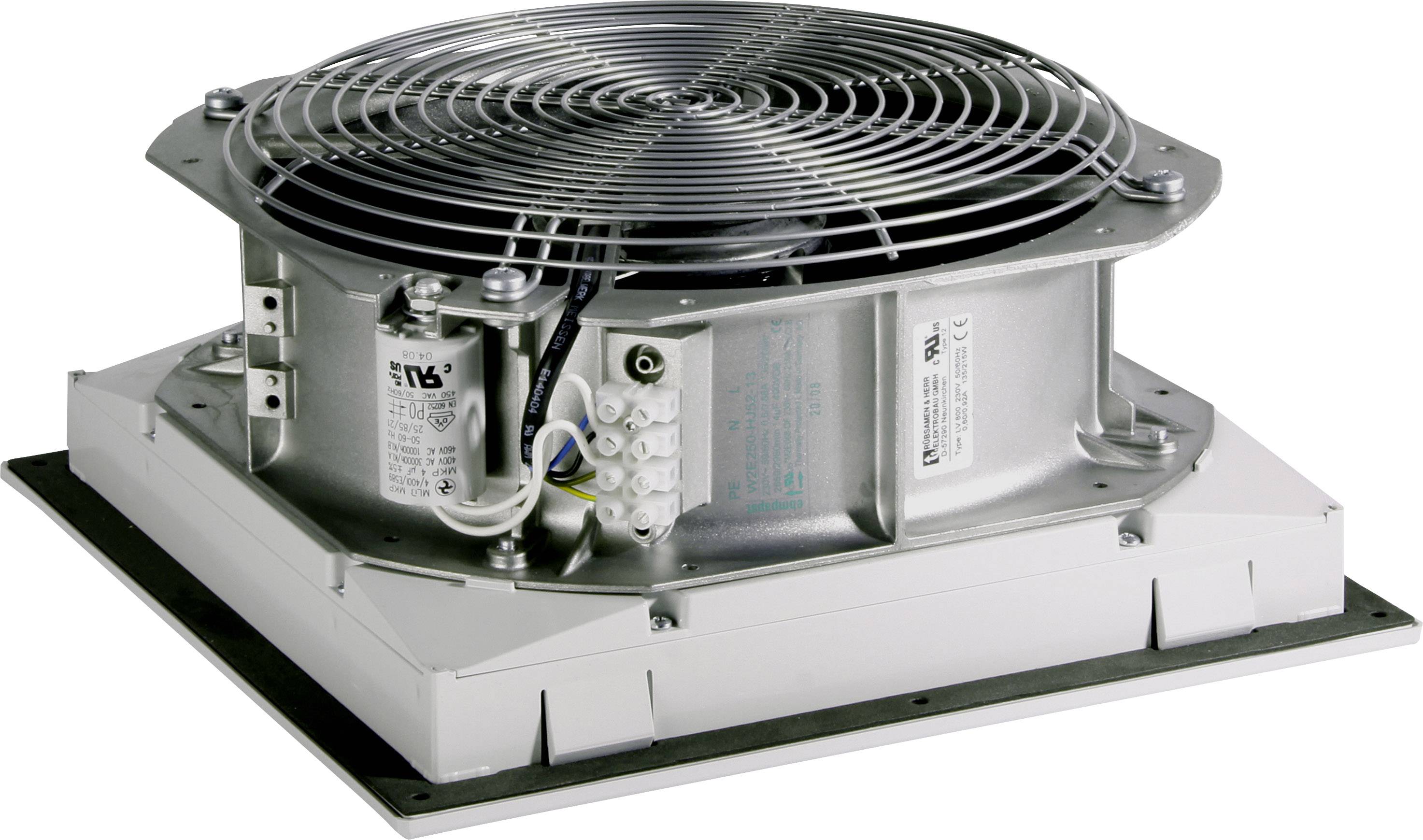 A silver fan with a protective grille, mounted on a white base, depicting an industrial ventilation device.