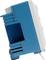 Electric, blue and white device with multiple connections and mounting bracket, suitable for installation on a DIN rail.