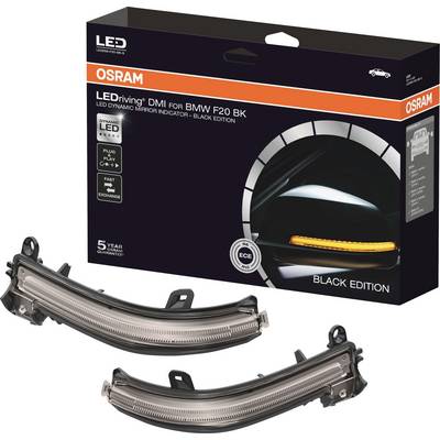 Packaging for a BMW F20 LED Side Indicator Light in Black with Replaceable Component. Displays the indicator light and packaging design.