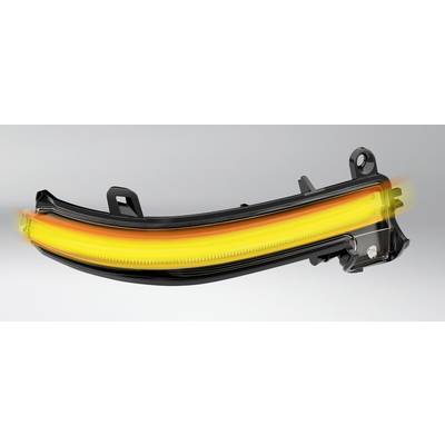 LED indicator for car in dynamic motion, yellow light stretching to the right, black housing frame.