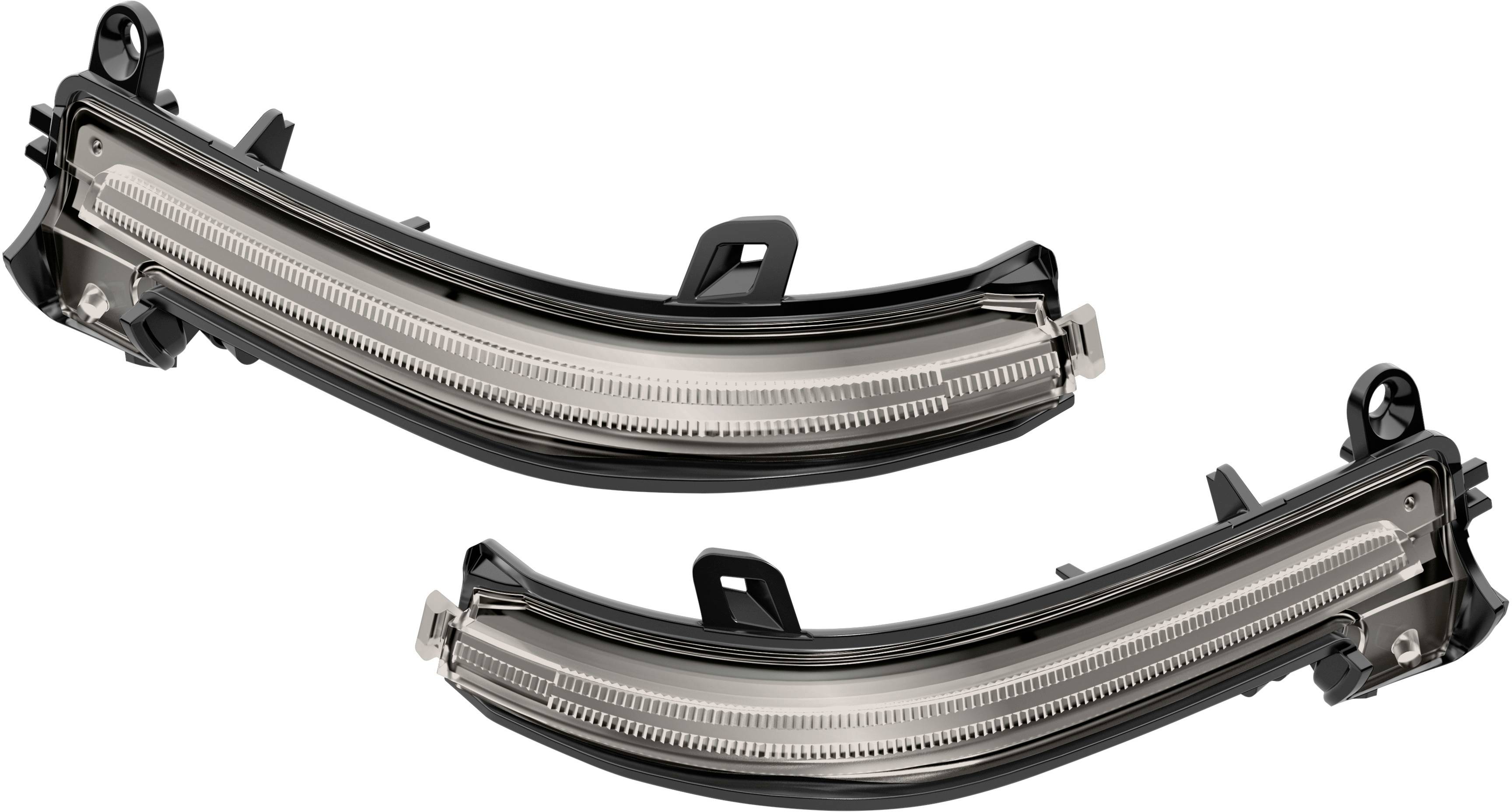 Two black, curved wing mirror indicators with integrated LED lighting on a white background.