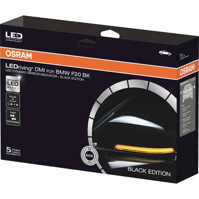 Packaging of an LED indicator light for BMW F20 BK, brand OSRAM, showing a mirror image with an orange illuminated strip.