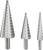 'Three silver stepped drill bits with size markings from 4 to 32 mm. Suitable for drilling various hole diameters.'