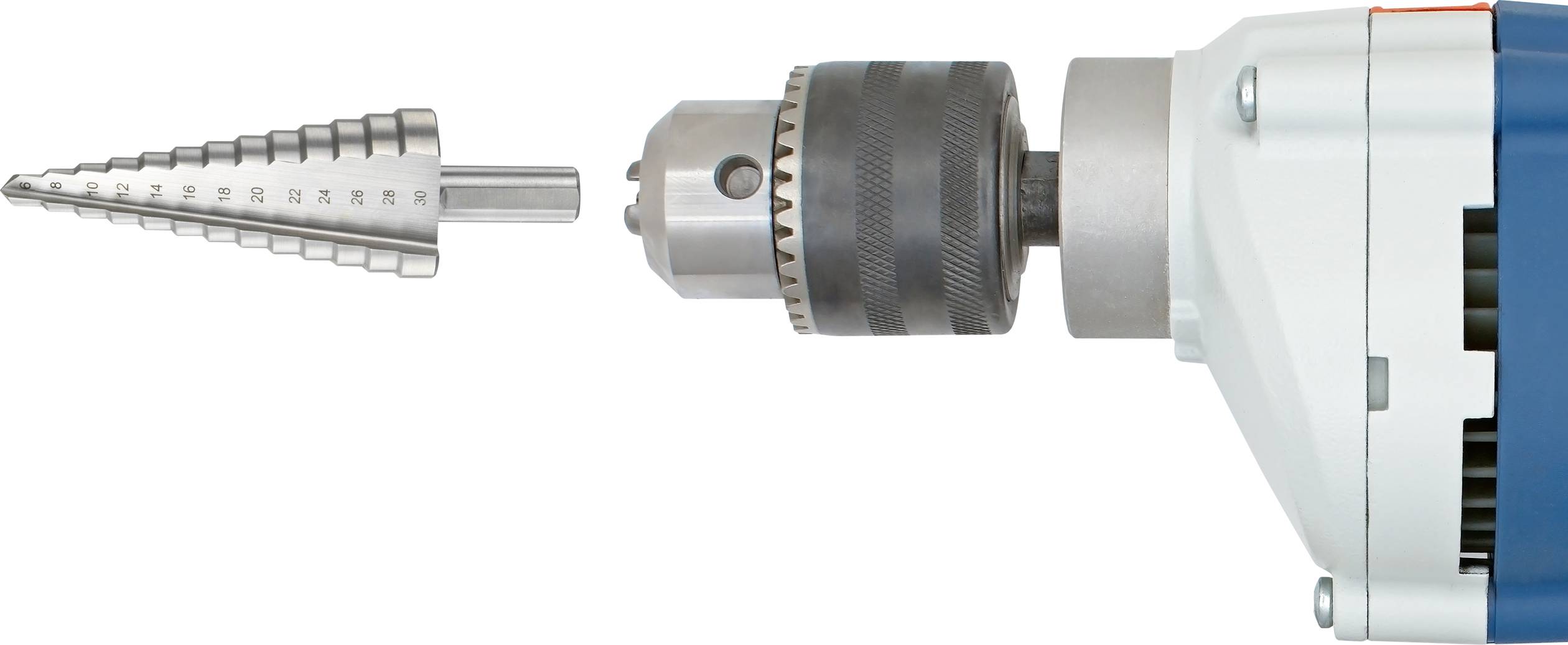 A tapered drill bit is inserted into the chuck of a blue drill, which extends into the image from the right.