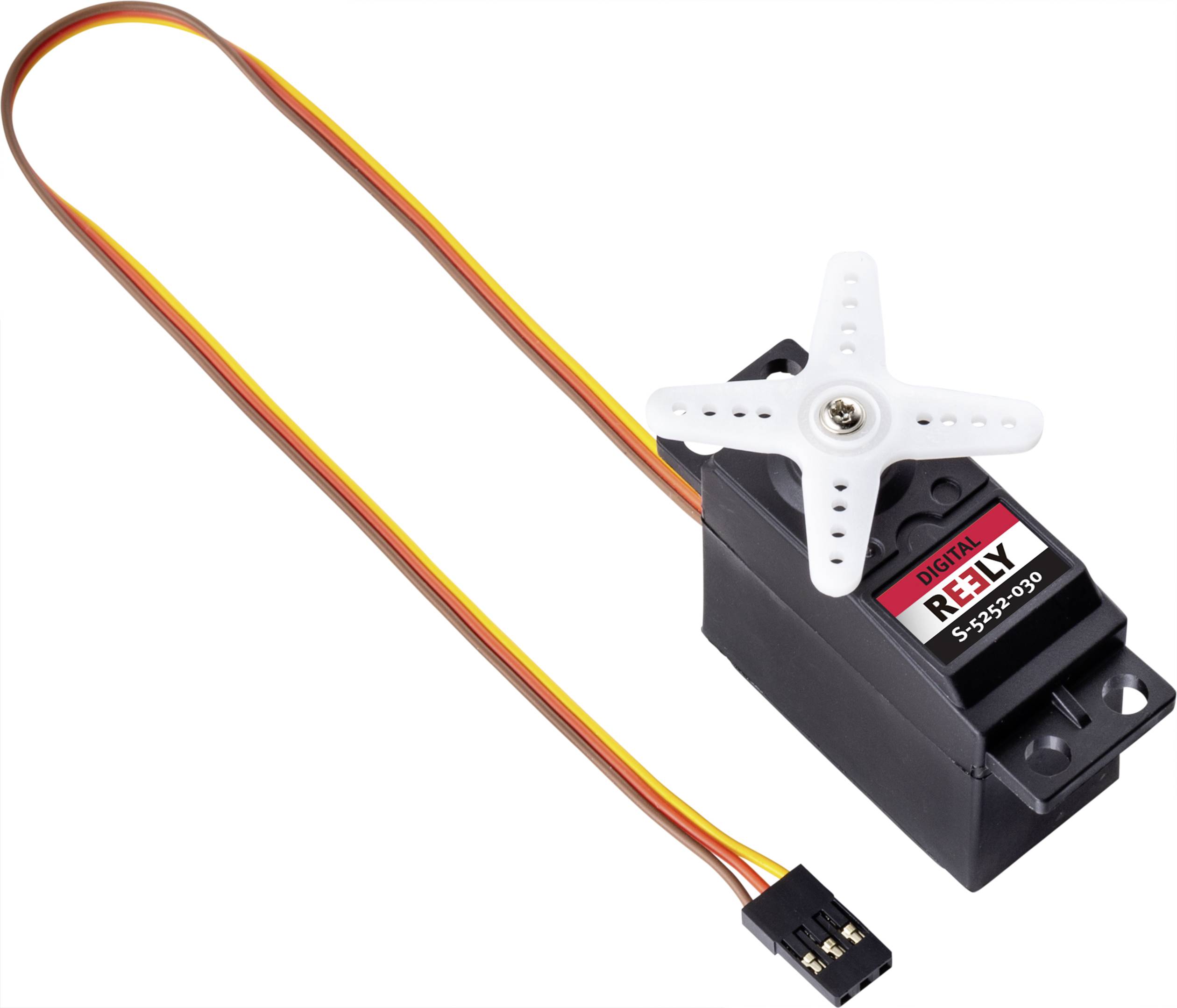 A black digital servo with a white cross arm is shown. It has a long cable with a three-pin plug.