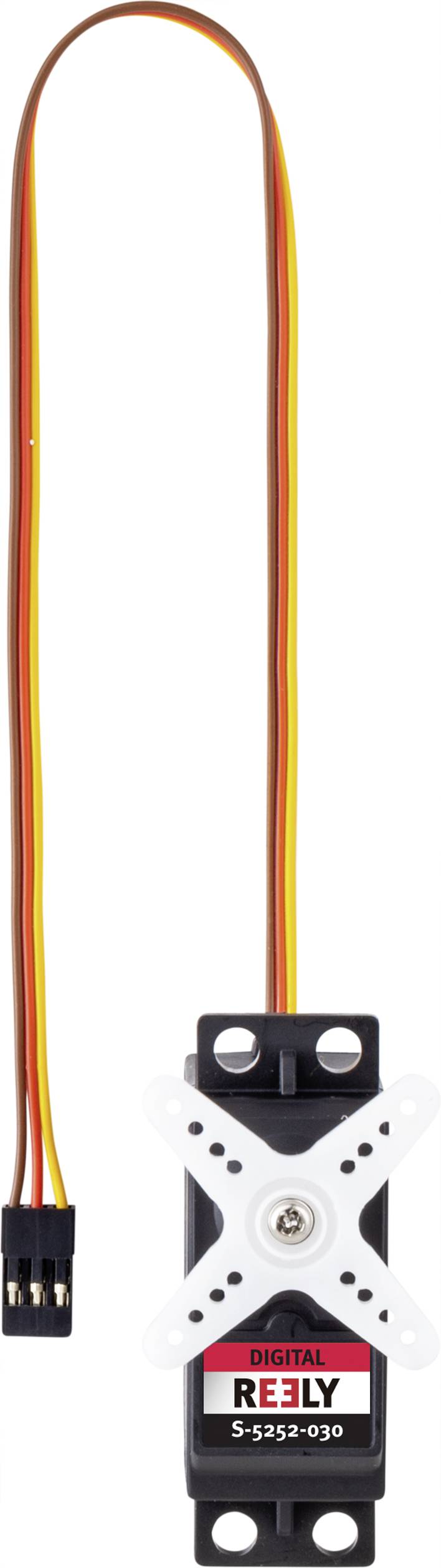 A digital servo motor with a white cross arm and multi-coloured cables, suitable for remote-controlled models.