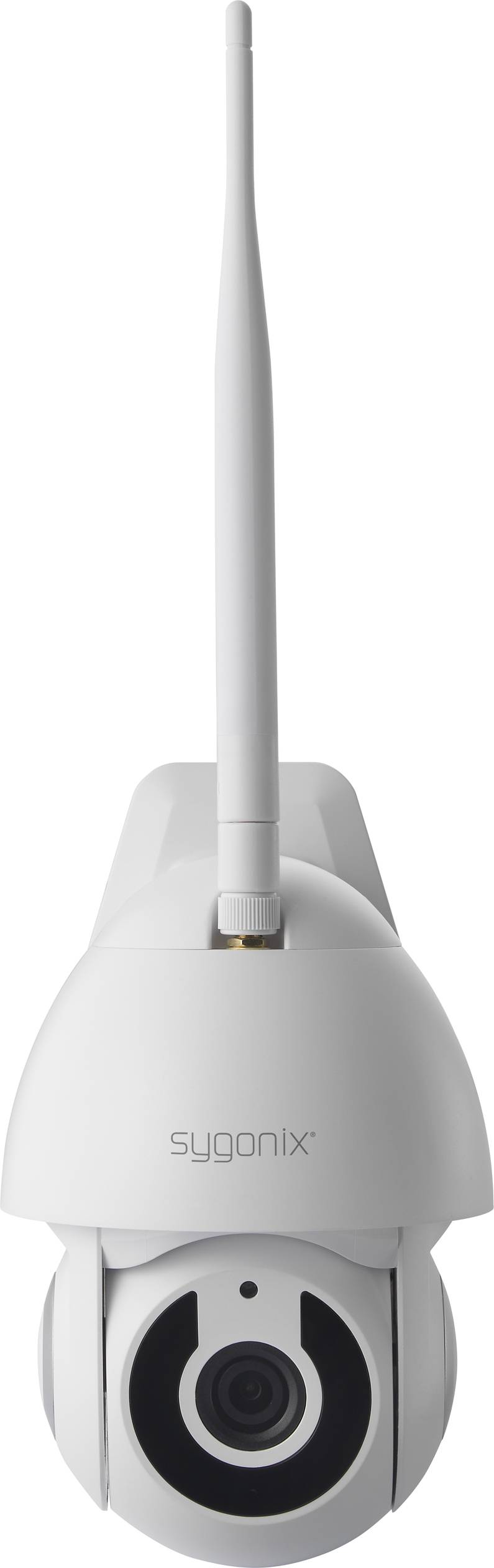 White surveillance camera with visible lens and antenna, marked with 'sygonix', suitable for indoor and outdoor monitoring.
