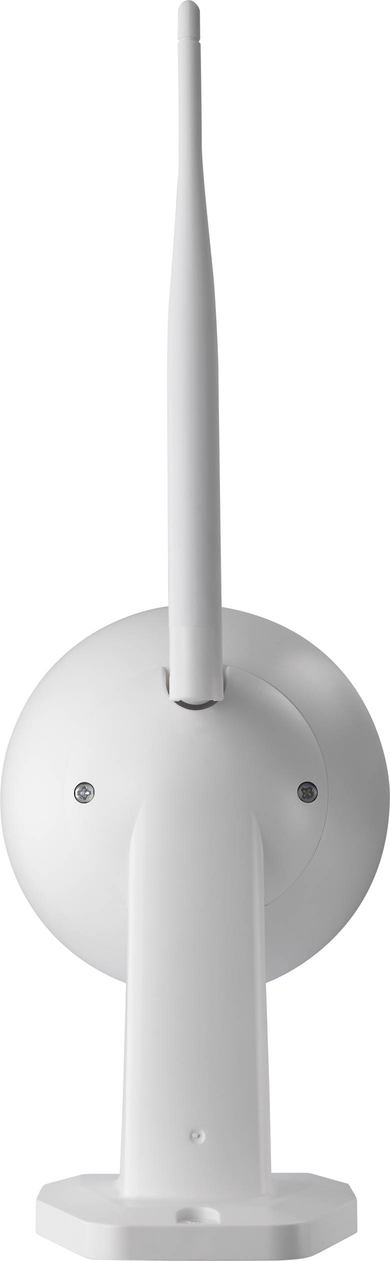 Camera with antenna, side view. The device is white and has a long, vertical antenna at the top centre.