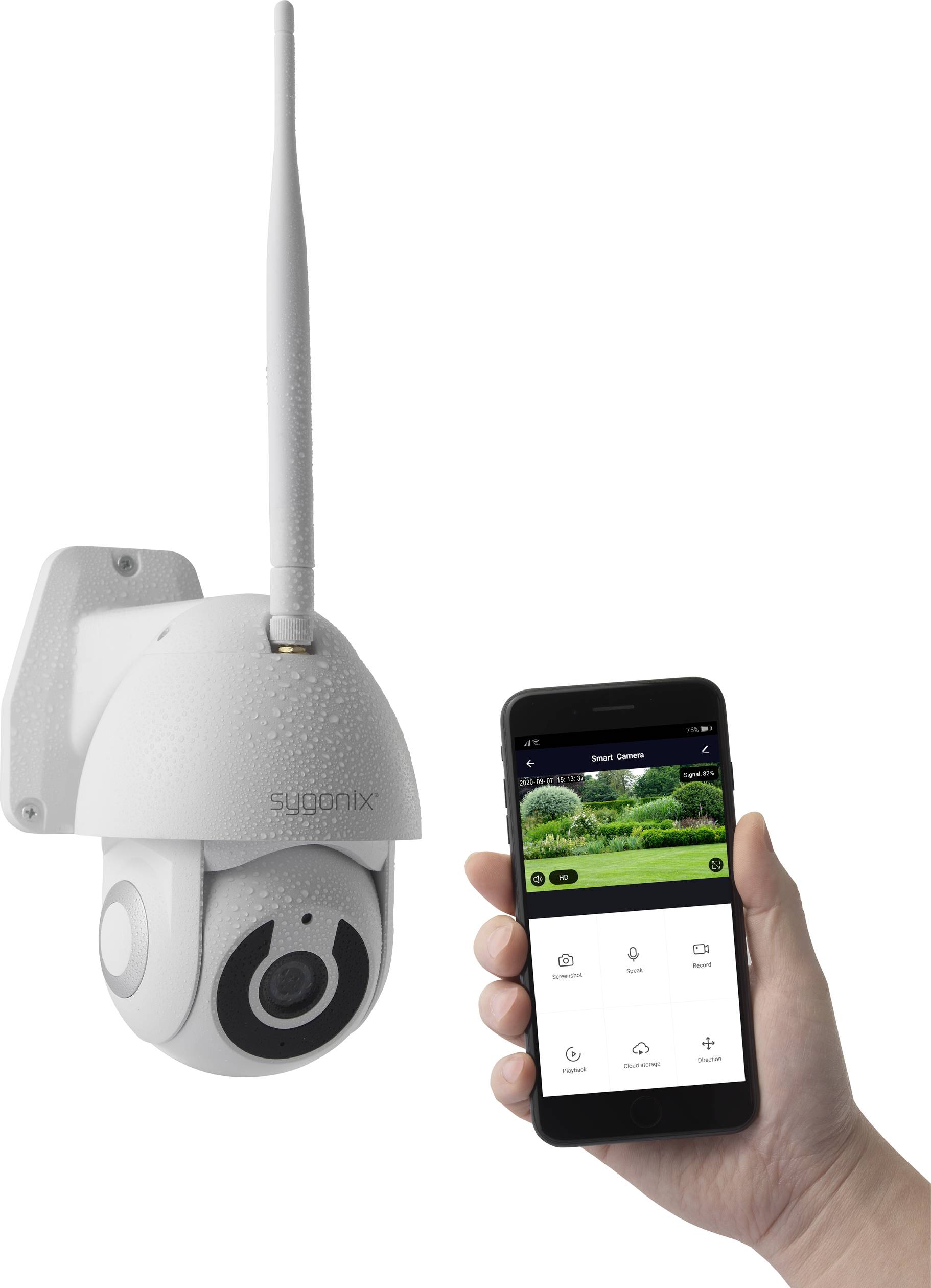 Security camera mounted on the wall, connected to a smartphone displaying a surveillance app.