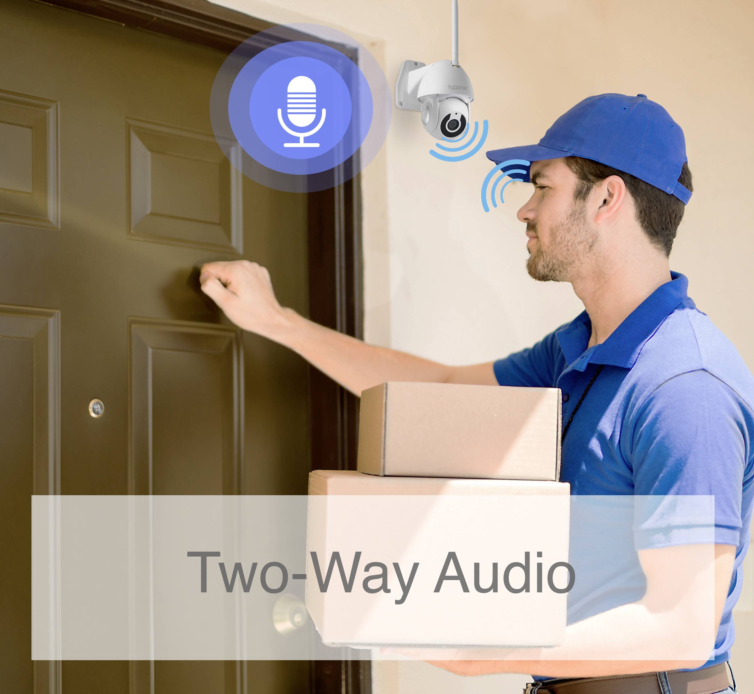 A delivery driver carrying parcels knocks on a door. A symbol indicates two-way audio with a camera above the doorway.