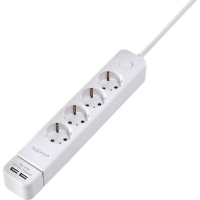 Four-way extension socket with USB ports and on/off switch. White design, suitable for various electrical devices.