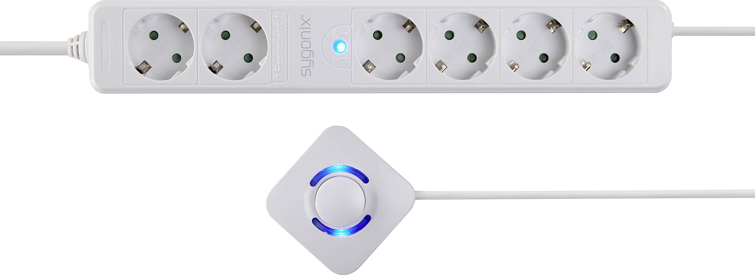 A white six-socket extension lead with a blue light, next to a square switch with a blue ring.