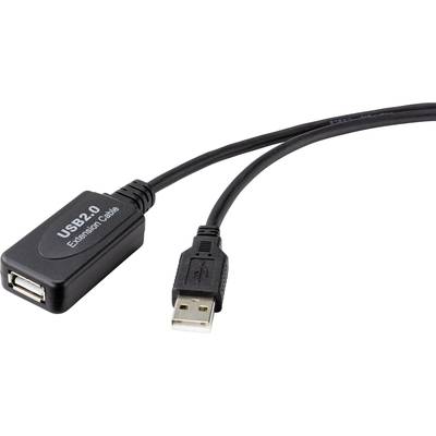 Black USB 2.0 extension cable with one plug and one socket to extend the reach of a USB connection.