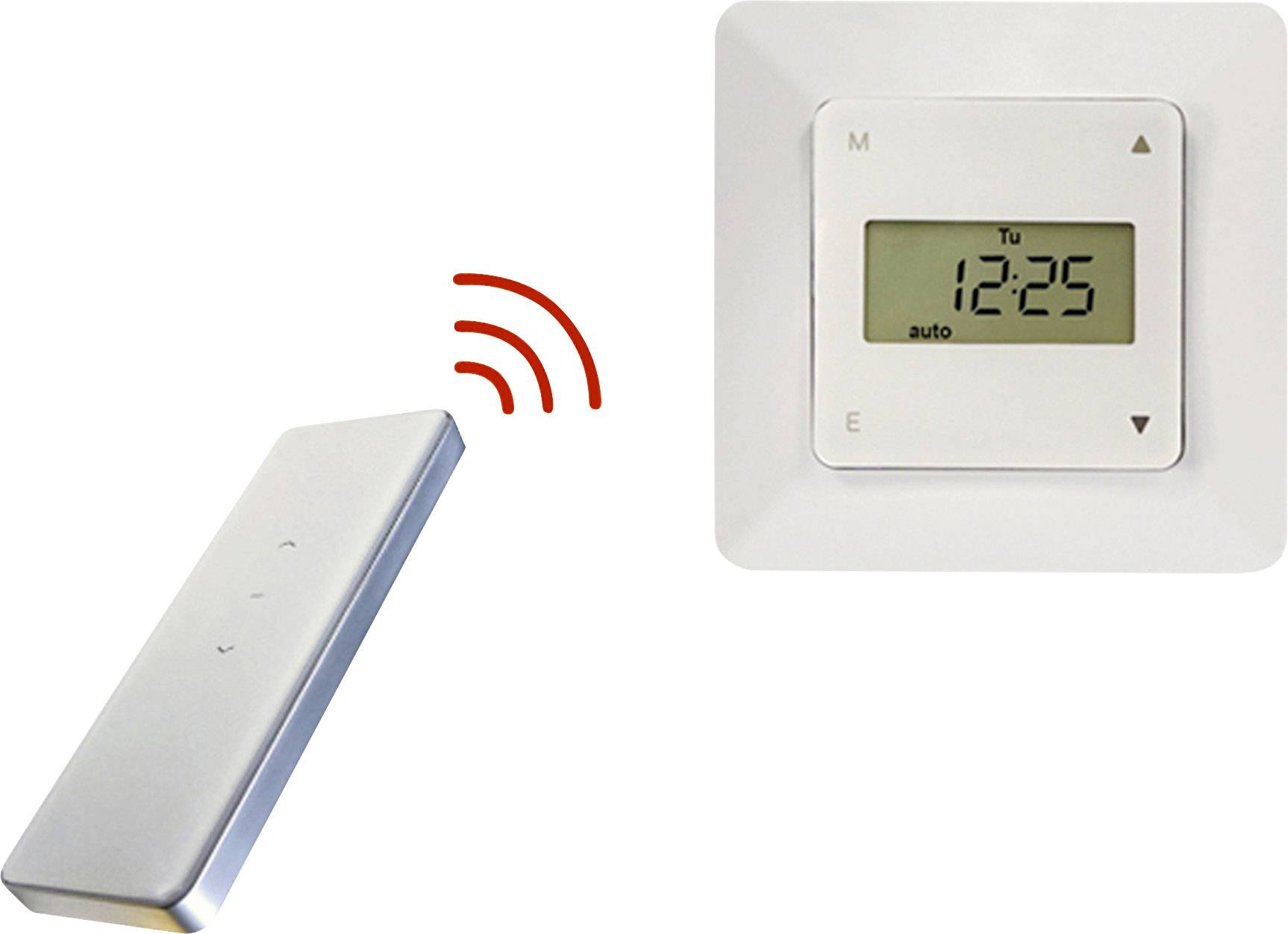 Remote control with time display on wall-mounted thermostat. Shows 12:25. Control option for heating systems.