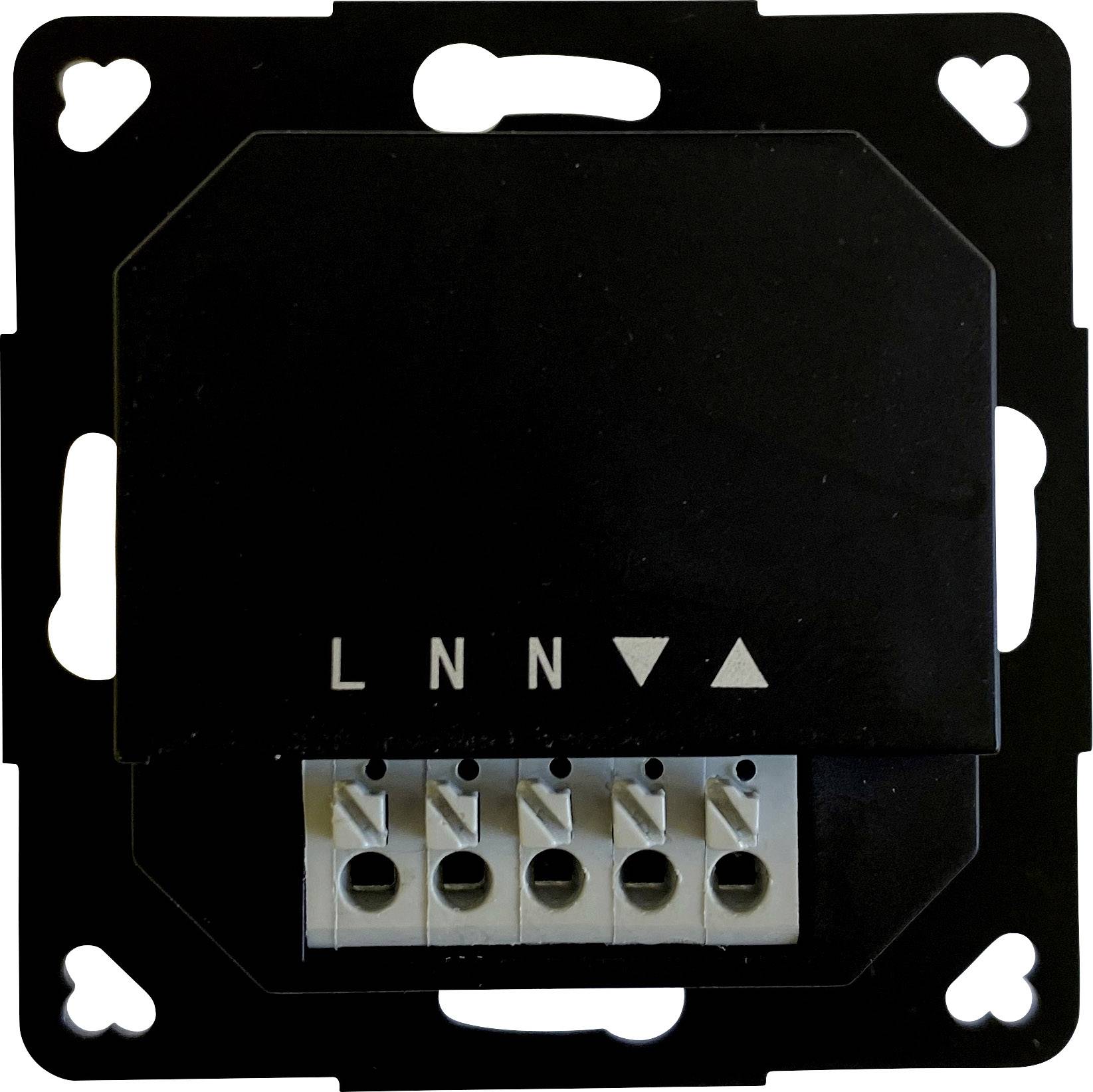 Black electrical junction box with four terminals, labelled 'L', 'N', 'N', and an arrow.