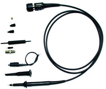 'Oscilloscope probe set with various attachments and cables, for signal transmission and measurement in electronic applications.'