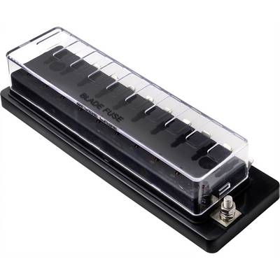 'Safety fuse block with transparent lid, six slots for flat fuses, enables easy inspection and replacement.'