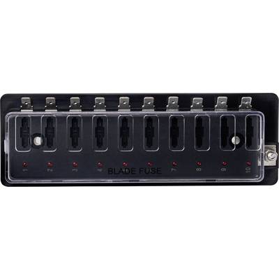 Safety block with ten slots, labelled with numbers 1 to 10, with red LED indicators beneath each slot indicating activated fuses.