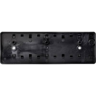 Black, rectangular plastic mounting bracket with fixing holes for surface mounting.