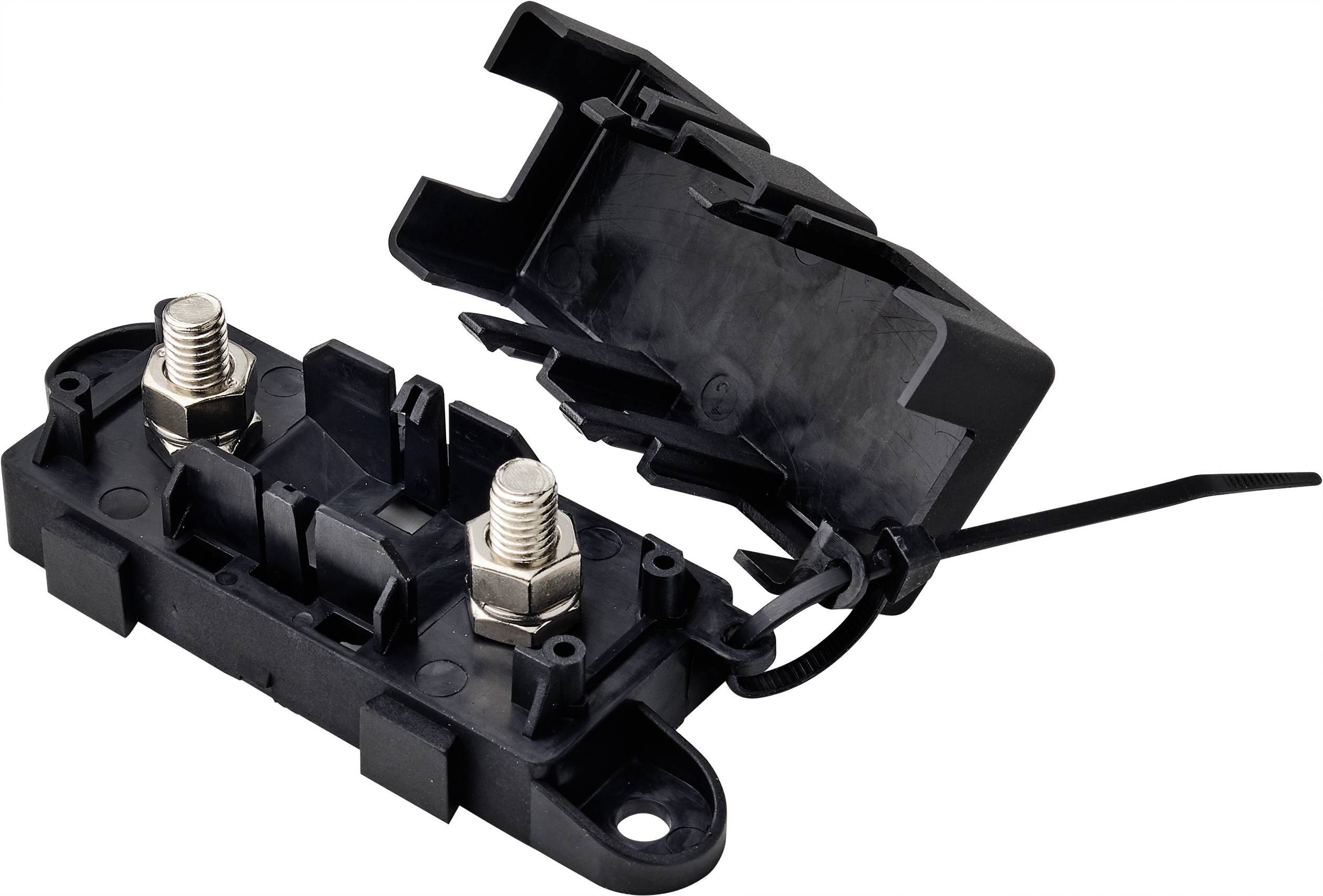 A black, open fuse holder with two screw terminals, connected by a cable tie.