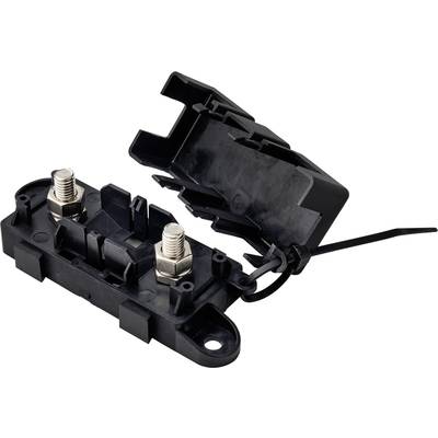 A black, open fuse holder with two screw terminals, connected by a cable tie.