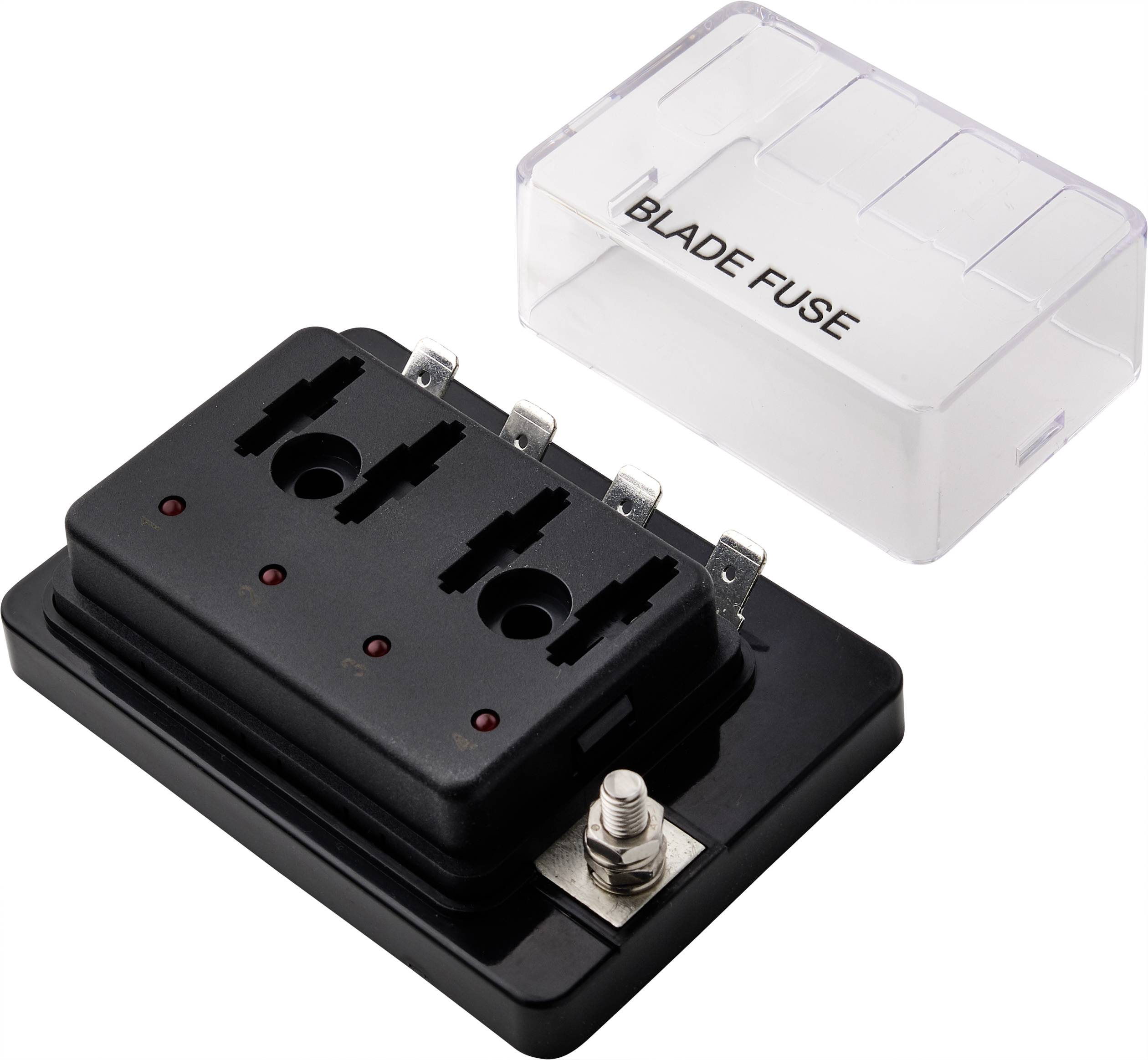 Six-way fuse holder cover marked with 'Blade Fuse', showing three fuse slots and terminal connections.