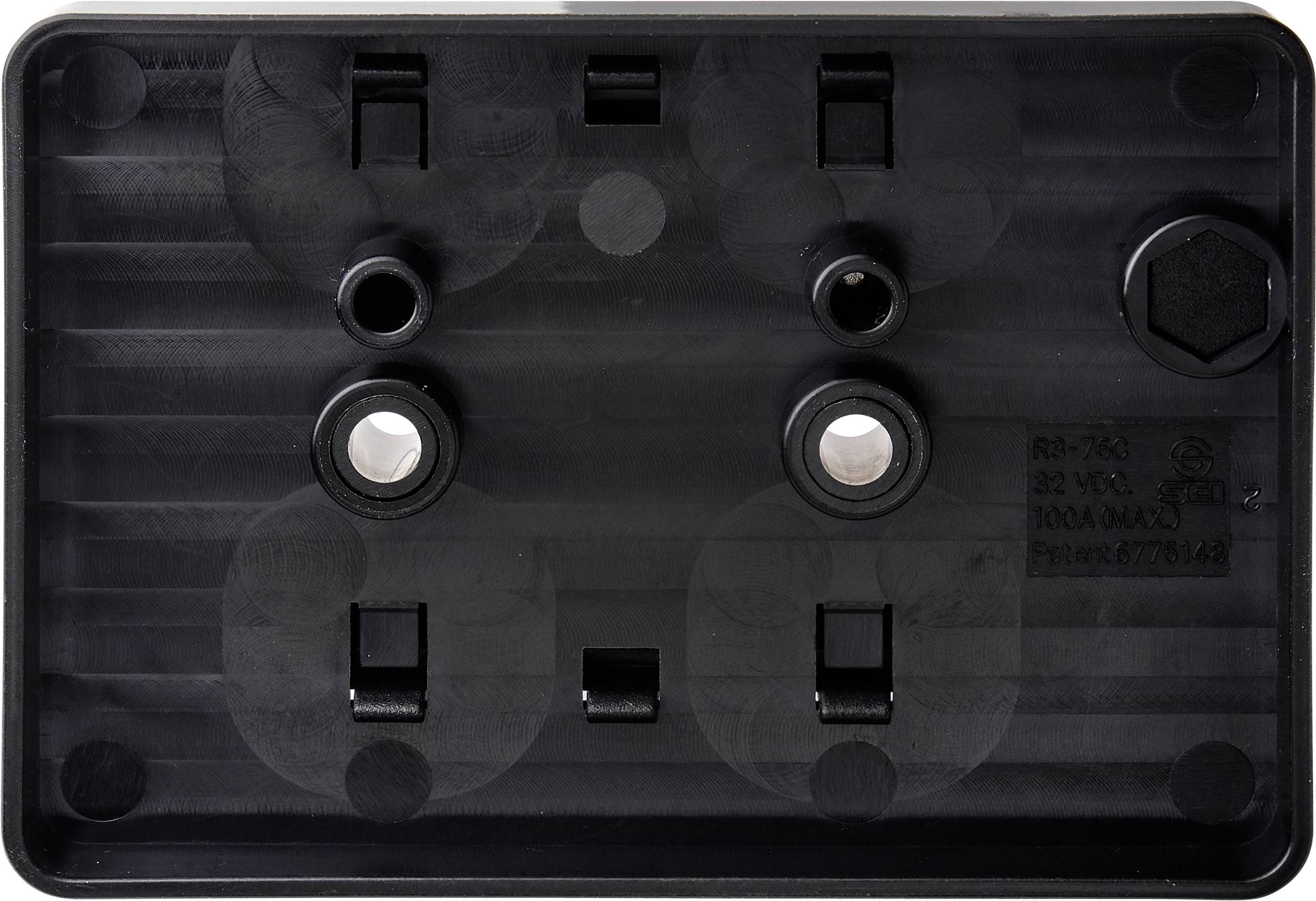 A black, rectangular plastic enclosure with several round mounting holes and two rectangular cutouts.