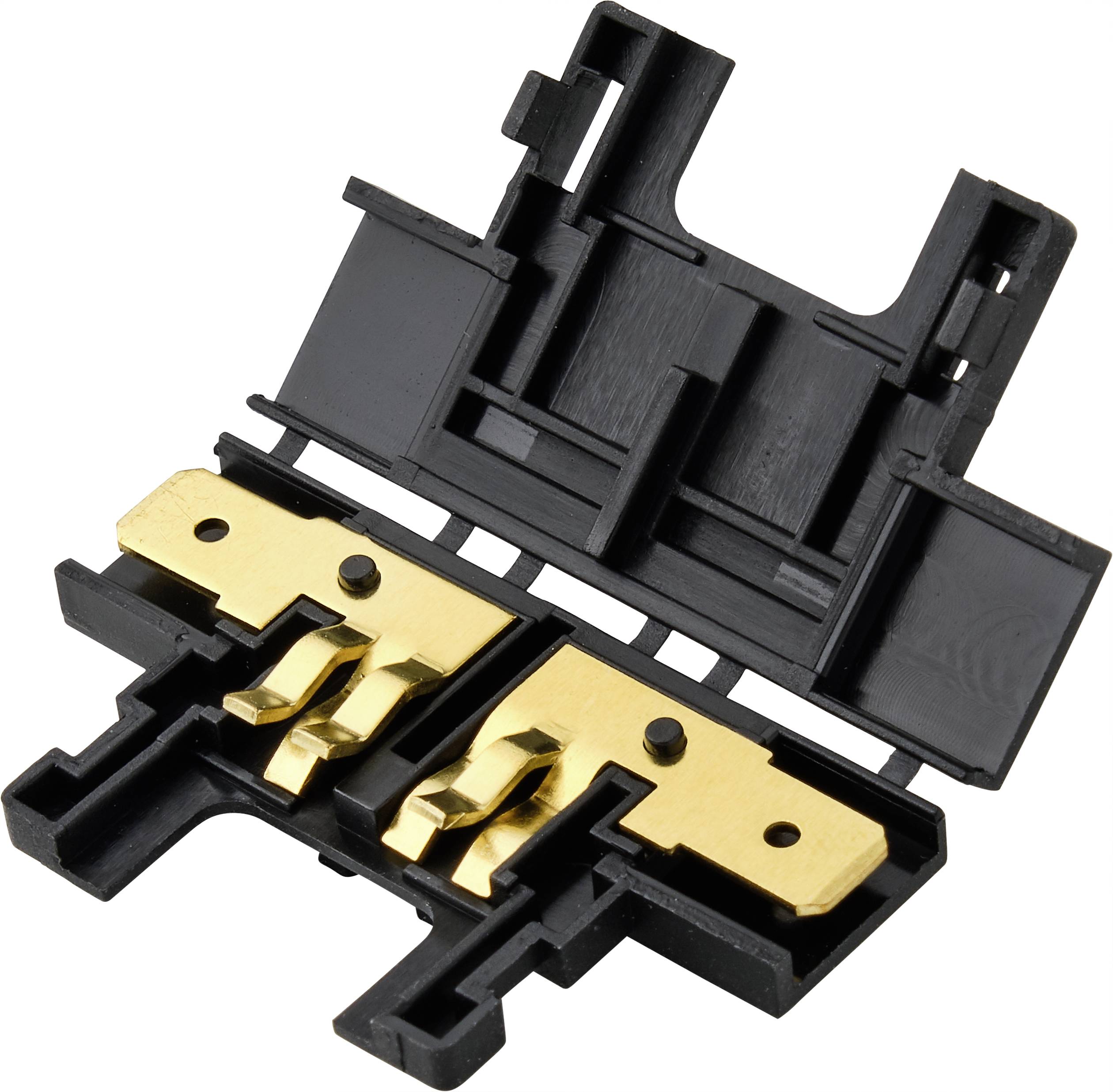 A black open-style plastic plug with two gold-coloured contacts used for electrical connections.