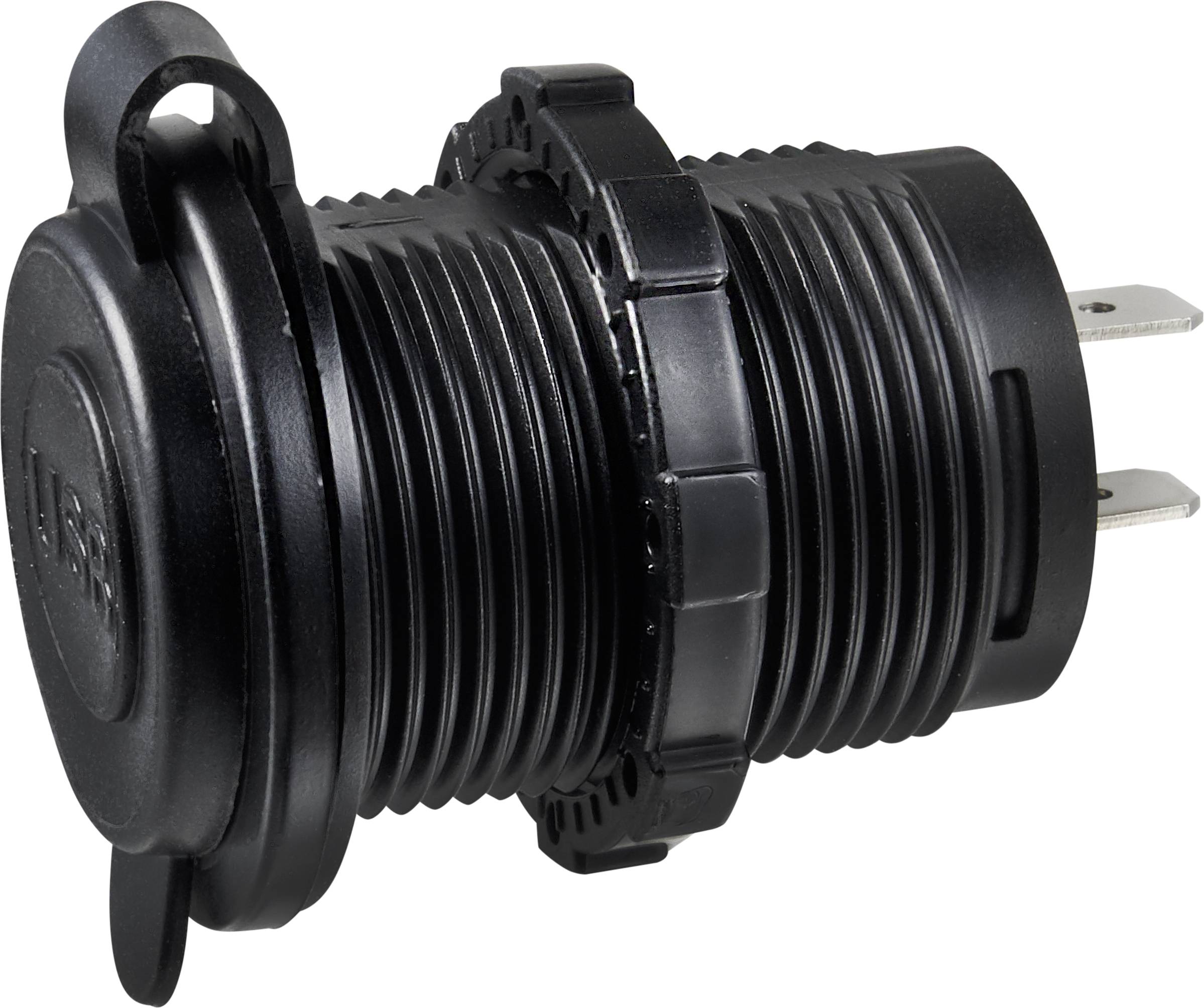 Black ribbed USB charging adapter with cover, showing two metal contact pins. Suitable for installation in vehicles.