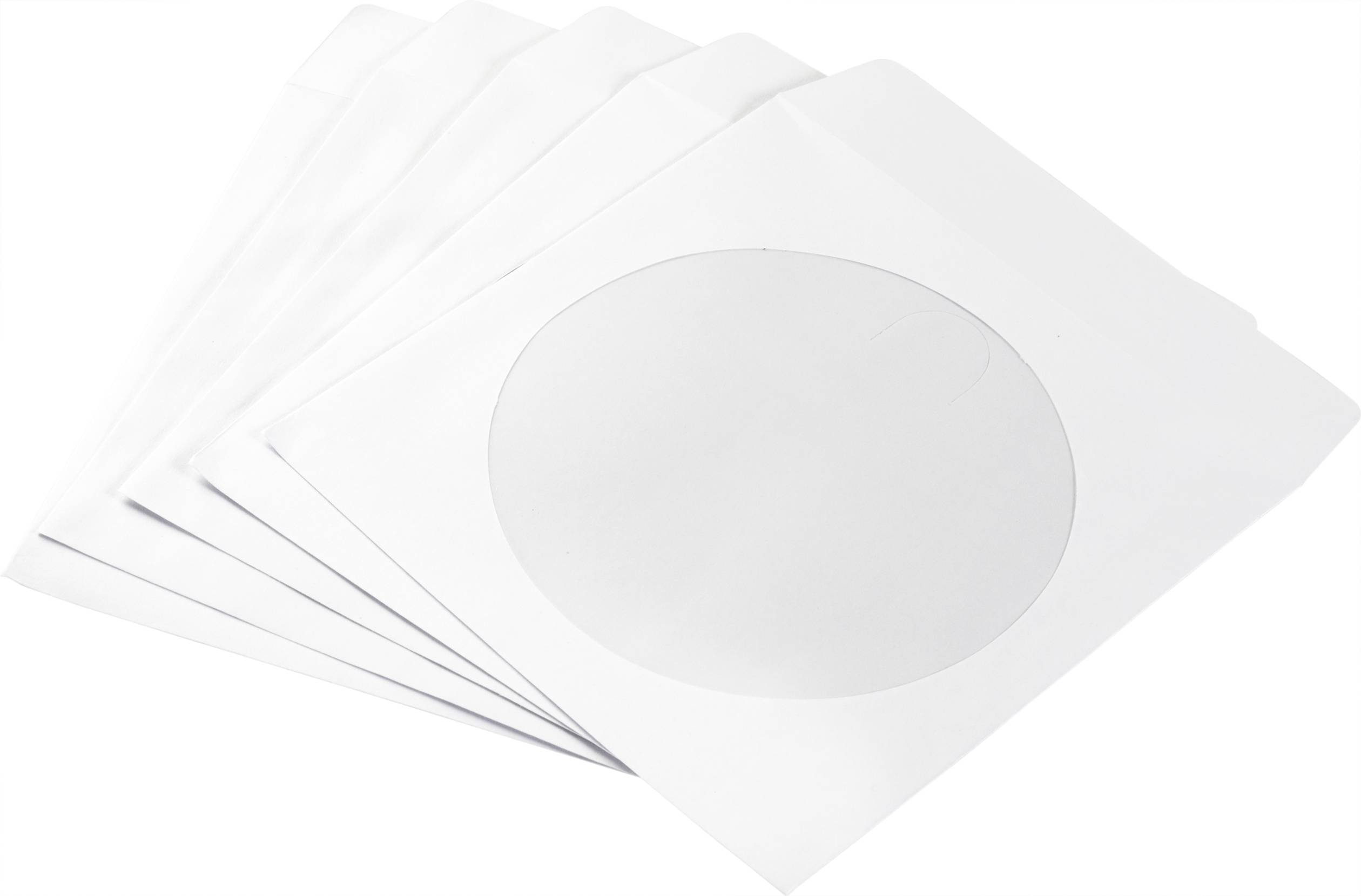 Five white CD cases, partially overlapping, show the circular opening on the front.
