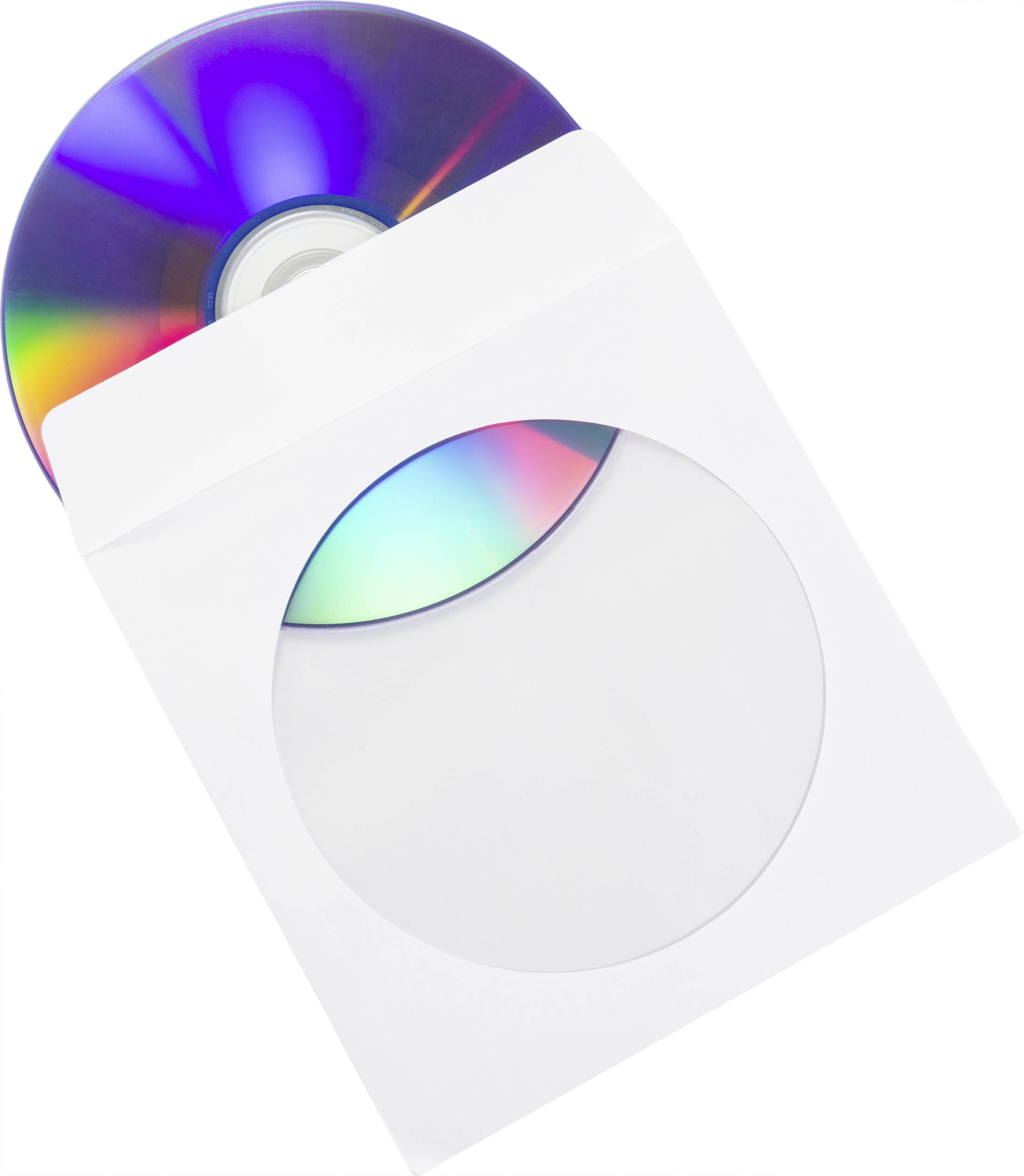 A shimmering DVD placed vertically in a white paper bag.