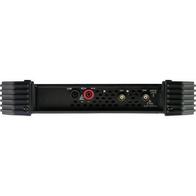 A black audio amplifier with multiple input and output connections, including COM, VCH+ and C1+.