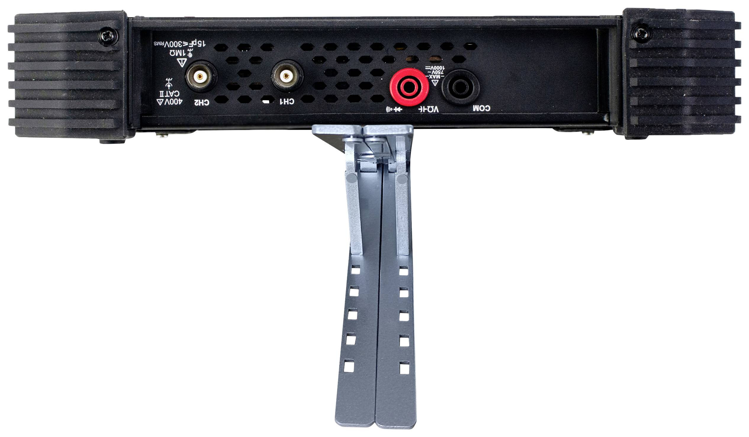 'Rear view of an electronic device with various ports, including CH1, CH2 and power supply, mounted on a metal stand.'