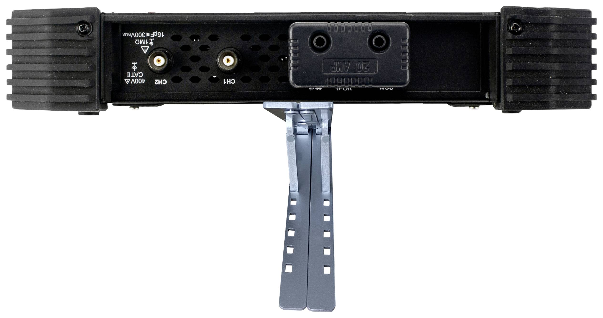 Rear view of an electronic device with various ports and a silver stand in the middle.