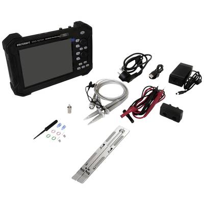 Portable oscilloscope with accessories, including cables, probes, adapters and a charger, laid out on a white background.