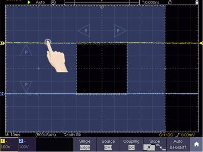 An oscilloscope display shows a yellow and a blue wave line on a grid background. A hand icon points to the yellow line.