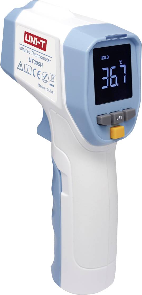 Hand infrared thermometer shows 36.7 degrees Celsius on the display. Device is blue and white, with a yellow 'SET' button.