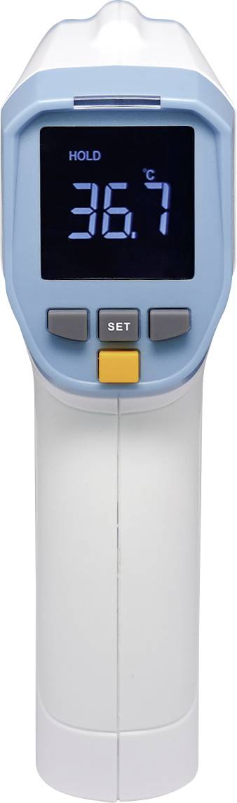 Digital infrared thermometer displays '36.7 °C' on a blue display. Temperature measuring tool with a yellow set button underneath.