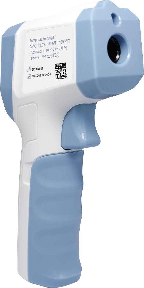 A handheld device for non-contact temperature measurement with a blue handle, displaying the temperature range and a QR code on the screen.