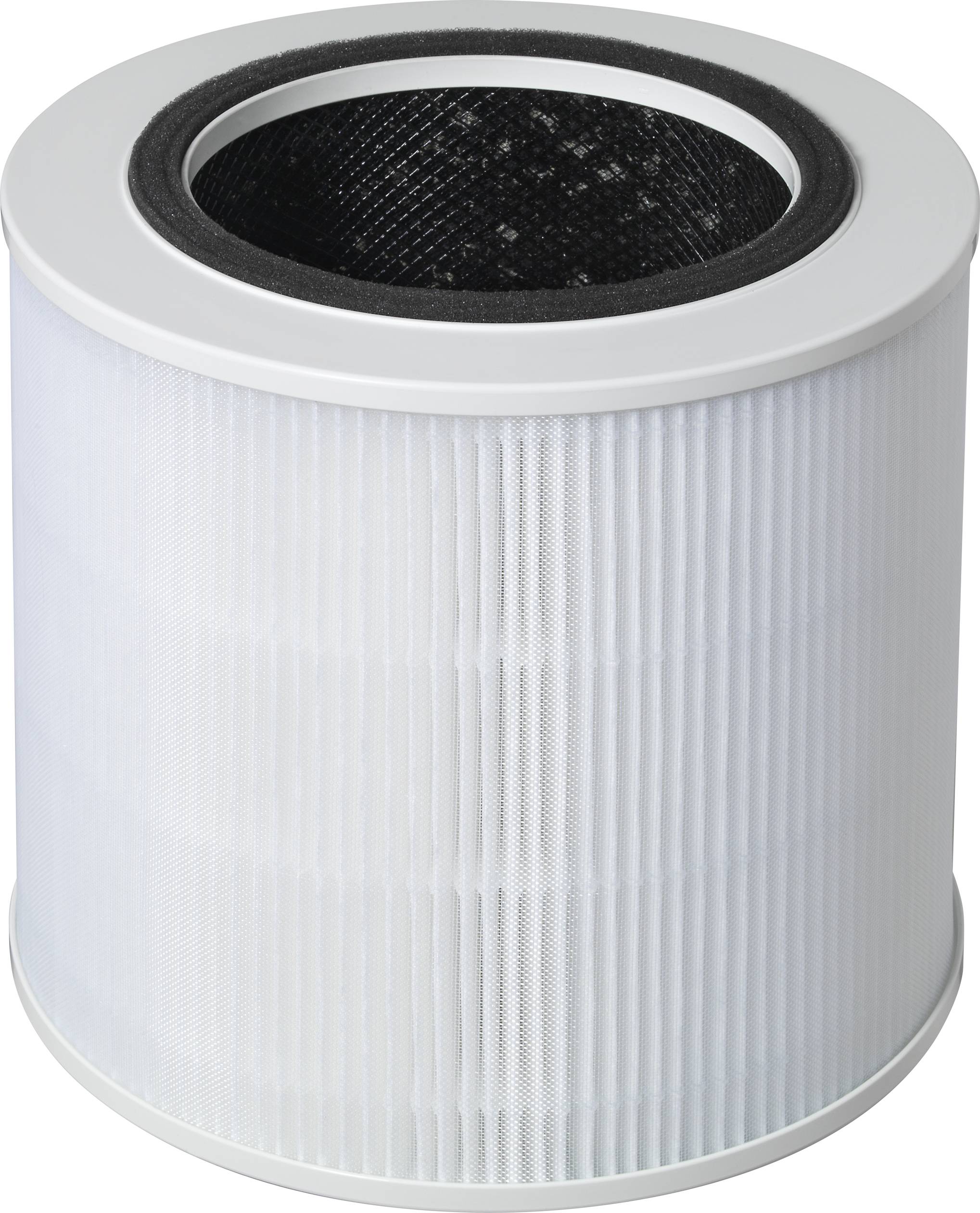 Air purifier filter in a cylindrical shape, white housing with a black interior. Suitable for improving air quality.
