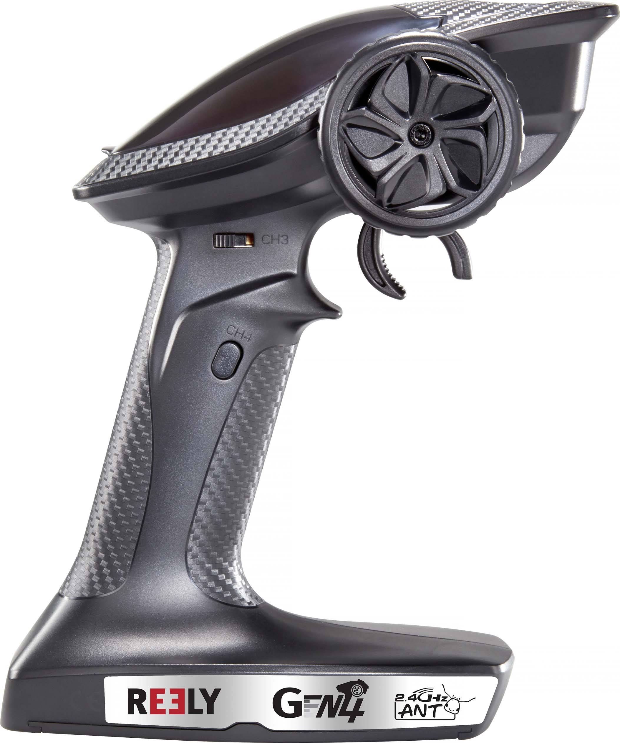 Remote-controlled hand controller with a grippable design and multiple buttons; logos of 'REEELY', 'GF4', and 'R/C ANT' on the side.