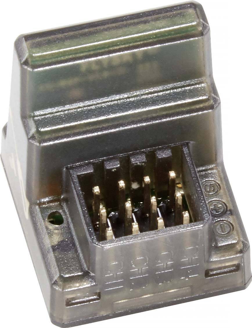 An electrical connector with multiple metal pins in a transparent plastic housing, typically used for network devices.