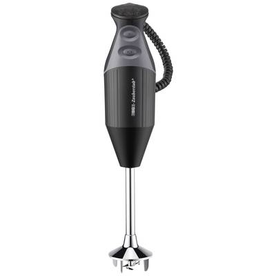 A black hand mixer with an ergonomic handle, two speed buttons and a detachable stainless steel shaft, suitable for food preparation.