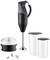 Hand blender set comprising a black hand blender, a chopping attachment, and two measuring jugs with lids. Perfect for blending.