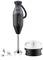 A black hand blender with various stainless steel attachments and a transparent container.