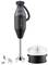 A black hand blender with various attachments and a container, suitable for food preparation.