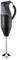 'Black hand blender with ergonomic handle and two control buttons. The device has a metal base with four blades.'