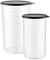 Two transparent plastic containers with black lids, which have measuring units printed in millilitres and fluid ounces.